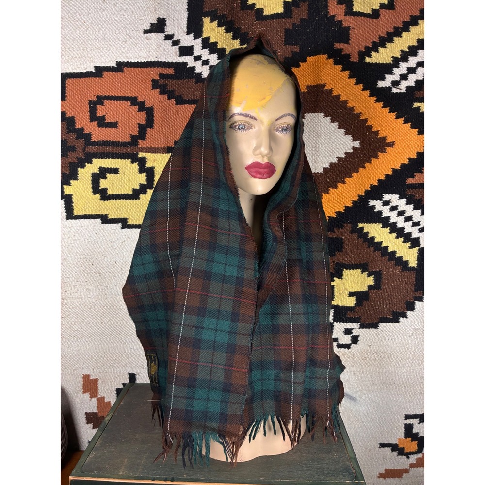 Designer Muffler Scarf Unisex OS Green Brown Plaid Wool Excellent Fringed Tartan